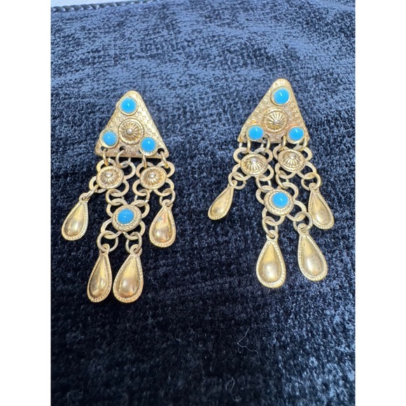 Jewelry - Vintage Gold & Turquoise Tone Chandelier Clip Earrings Egyptian Revival Ethnic